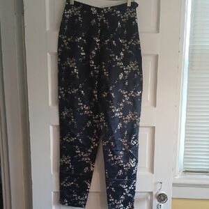 Express vintage Asian-style floral navy silky pants 5/6 high waist tapered leg